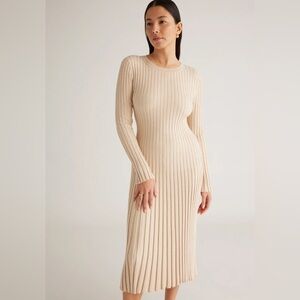 Cotton Cashmere Ribbed Long Sleeve Crew Midi Dress